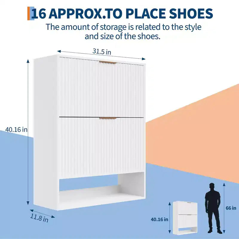 Meuble à Chaussures Cannnelé avec 2 Tiroirs Abattants & Étagère Ouverte Inférieure pour Entrée, Meuble à Chaussures Étroit avec Crochets Latéraux