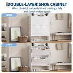 Meuble à Chaussures Cannnelé avec 2 Tiroirs Abattants & Étagère Ouverte Inférieure pour Entrée, Meuble à Chaussures Étroit avec Crochets Latéraux