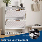 Meuble à Chaussures Cannnelé avec 2 Tiroirs Abattants & Étagère Ouverte Inférieure pour Entrée, Meuble à Chaussures Étroit avec Crochets Latéraux