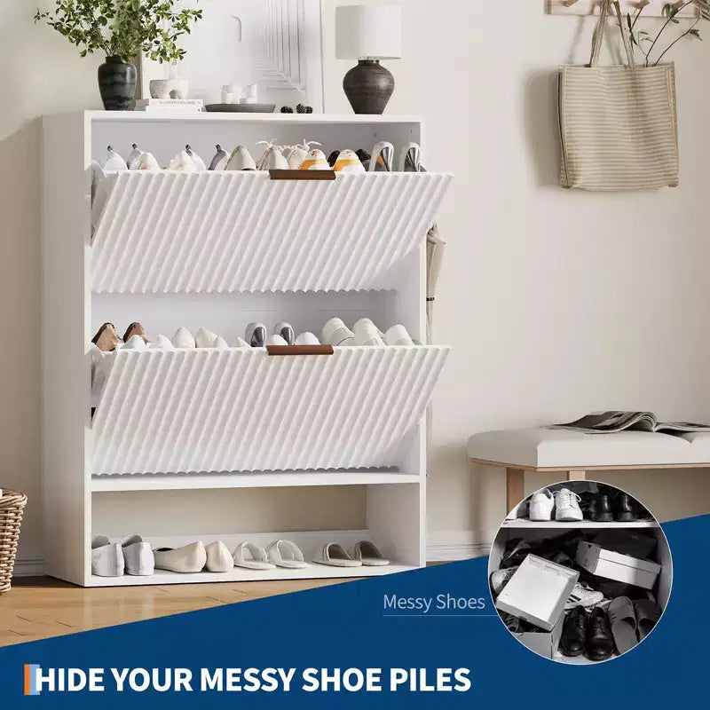 Meuble à Chaussures Cannnelé avec 2 Tiroirs Abattants & Étagère Ouverte Inférieure pour Entrée, Meuble à Chaussures Étroit avec Crochets Latéraux