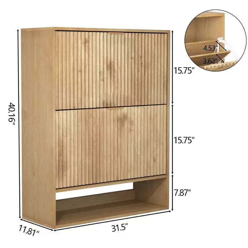 Meuble à Chaussures Cannnelé avec 2 Tiroirs Abattants & Étagère Ouverte Inférieure pour Entrée, Meuble à Chaussures Étroit avec Crochets Latéraux