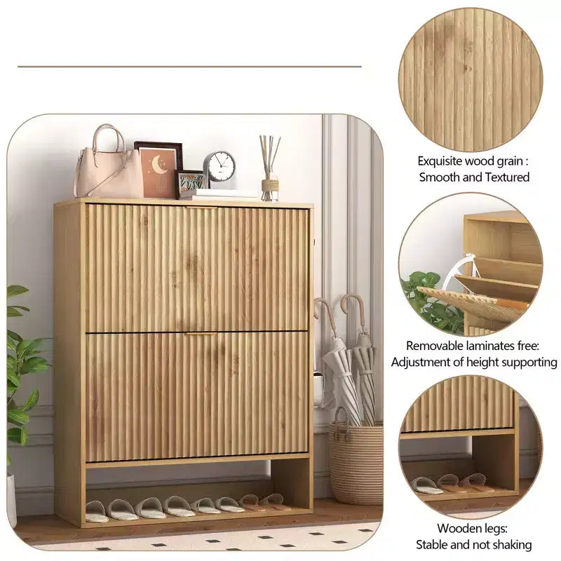 Meuble à Chaussures Cannnelé avec 2 Tiroirs Abattants & Étagère Ouverte Inférieure pour Entrée, Meuble à Chaussures Étroit avec Crochets Latéraux