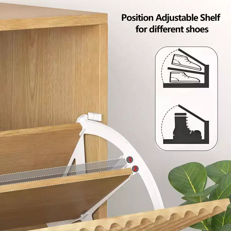 Meuble à Chaussures Cannnelé avec 2 Tiroirs Abattants & Étagère Ouverte Inférieure pour Entrée, Meuble à Chaussures Étroit avec Crochets Latéraux