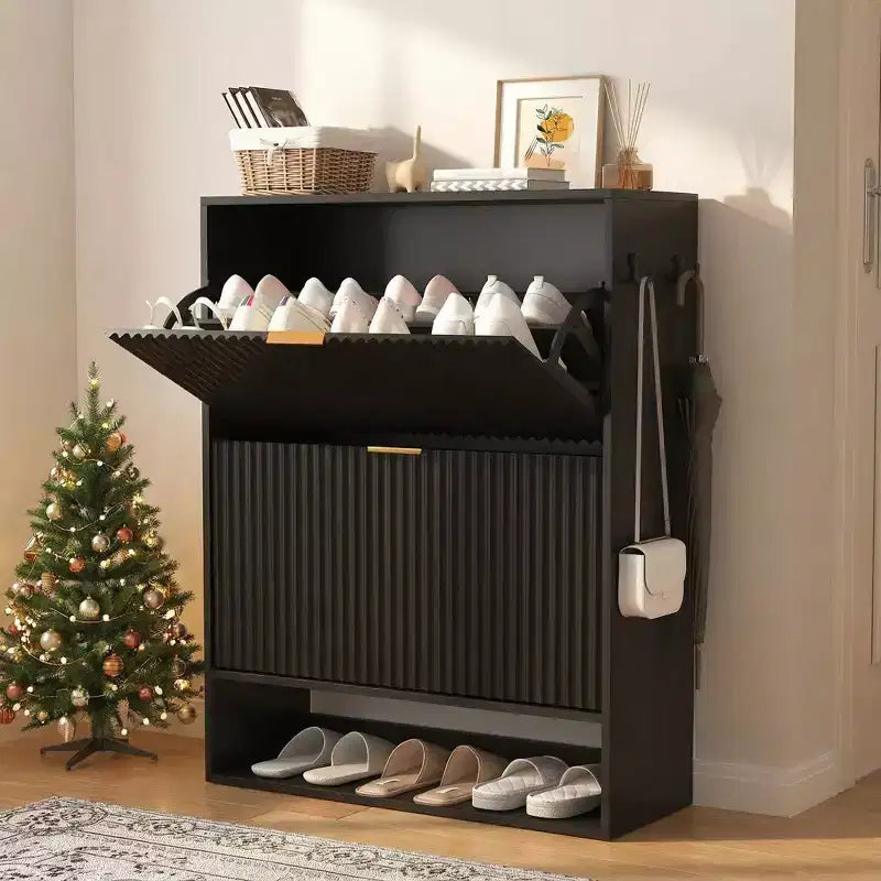 Meuble à Chaussures Cannnelé avec 2 Tiroirs Abattants & Étagère Ouverte Inférieure pour Entrée, Meuble à Chaussures Étroit avec Crochets Latéraux