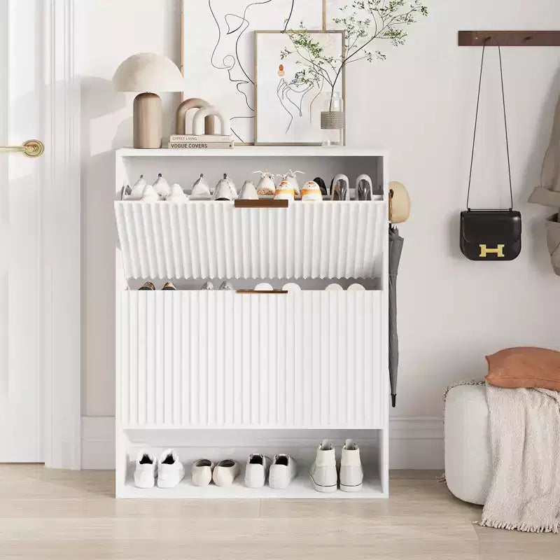 Meuble à Chaussures Cannnelé avec 2 Tiroirs Abattants & Étagère Ouverte Inférieure pour Entrée, Meuble à Chaussures Étroit avec Crochets Latéraux
