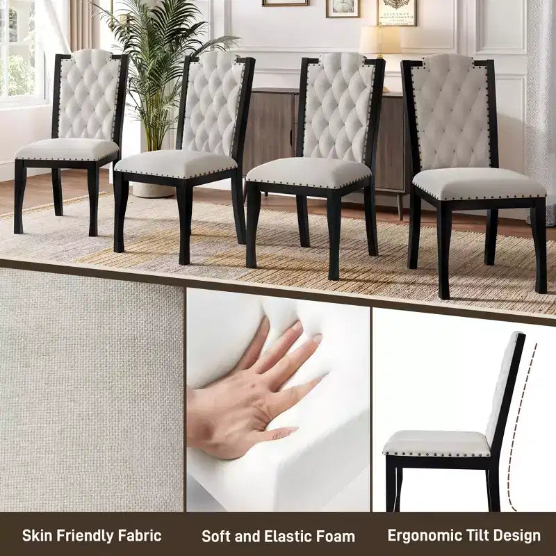 Lot de 4 chaises de salle à manger à dossier haut avec capitonnage et pieds en bois expresso