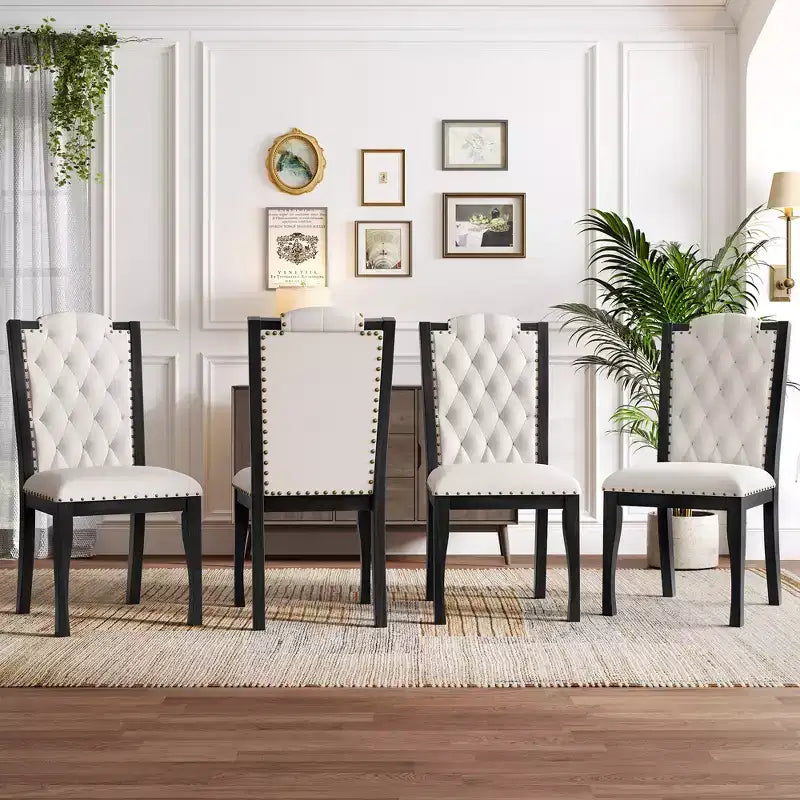 Set of 4 High Back Dining Chairs with Button Tufting and Espresso Wood Legs