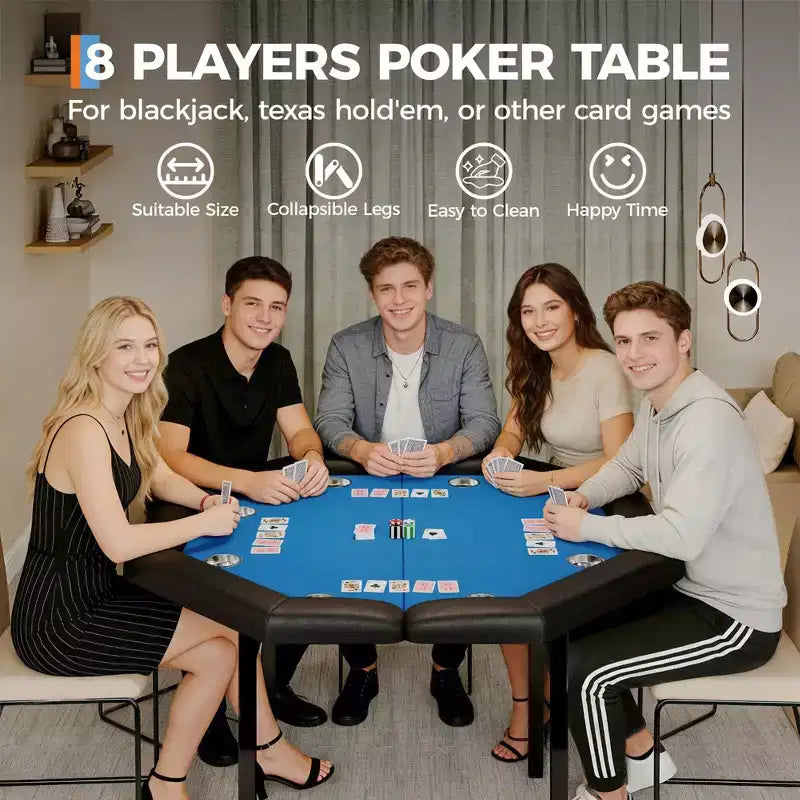 Table de poker octogonale pliable pour 8 joueurs avec rebords rembourrés et porte-gobelets en acier inoxydable pour les soirées de jeux en famille