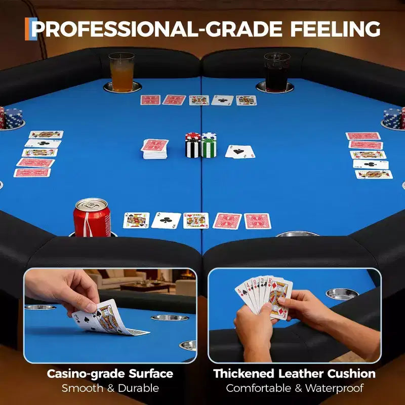 Table de poker octogonale pliable pour 8 joueurs avec rebords rembourrés et porte-gobelets en acier inoxydable pour les soirées de jeux en famille