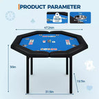 Table de poker octogonale pliable pour 8 joueurs avec rebords rembourrés et porte-gobelets en acier inoxydable pour les soirées de jeux en famille