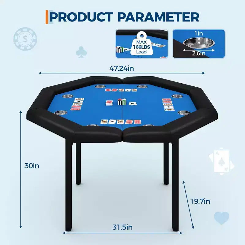 Table de poker octogonale pliable pour 8 joueurs avec rebords rembourrés et porte-gobelets en acier inoxydable pour les soirées de jeux en famille