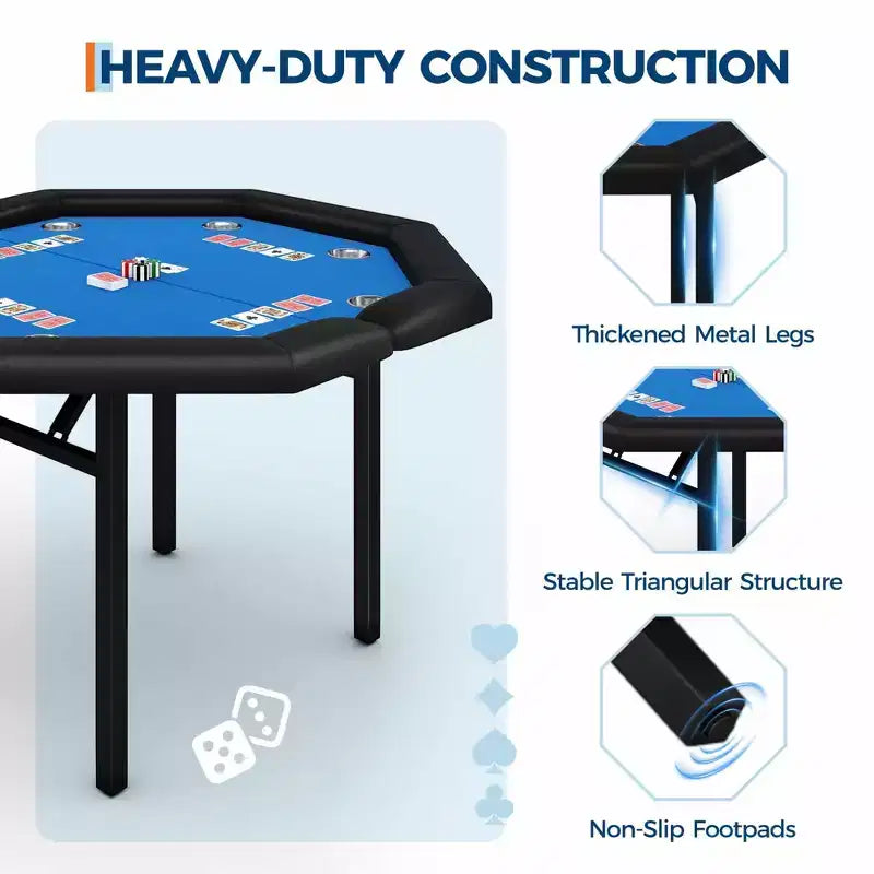 Table de poker octogonale pliable pour 8 joueurs avec rebords rembourrés et porte-gobelets en acier inoxydable pour les soirées de jeux en famille