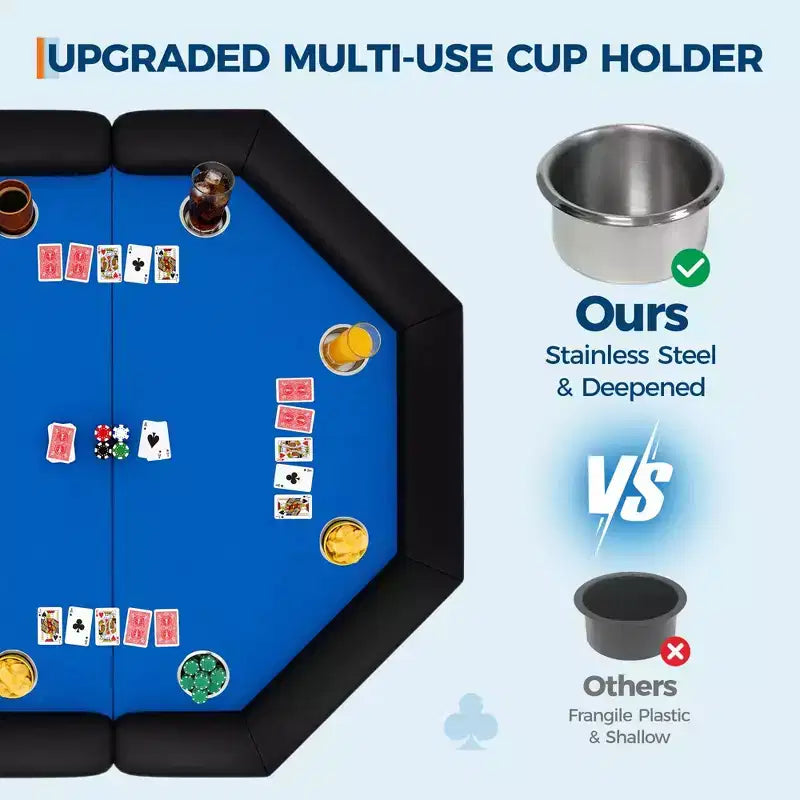 Table de poker octogonale pliable pour 8 joueurs avec rebords rembourrés et porte-gobelets en acier inoxydable pour les soirées de jeux en famille