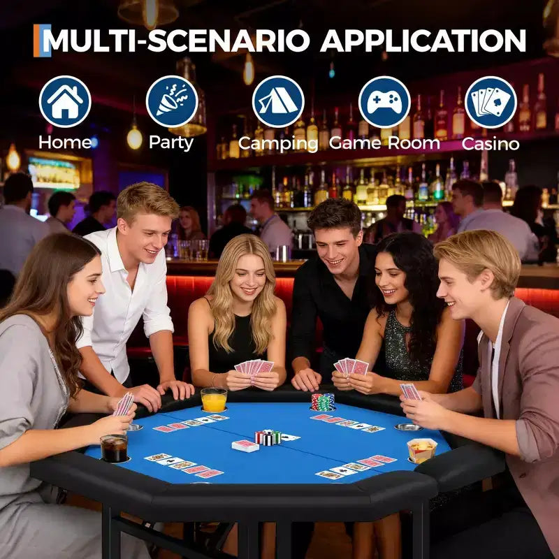 Table de poker octogonale pliable pour 8 joueurs avec rebords rembourrés et porte-gobelets en acier inoxydable pour les soirées de jeux en famille