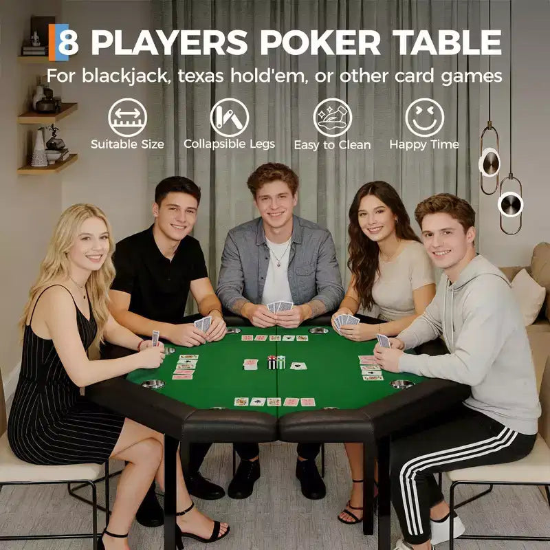 Table de poker octogonale pliable pour 8 joueurs avec rebords rembourrés et porte-gobelets en acier inoxydable pour les soirées de jeux en famille