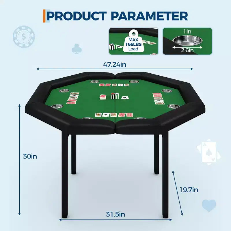Table de poker octogonale pliable pour 8 joueurs avec rebords rembourrés et porte-gobelets en acier inoxydable pour les soirées de jeux en famille