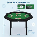 Table de poker octogonale pliable pour 8 joueurs avec rebords rembourrés et porte-gobelets en acier inoxydable pour les soirées de jeux en famille
