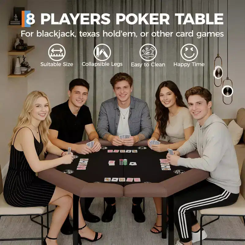 Table de poker octogonale pliable pour 8 joueurs avec rebords rembourrés et porte-gobelets en acier inoxydable pour les soirées de jeux en famille