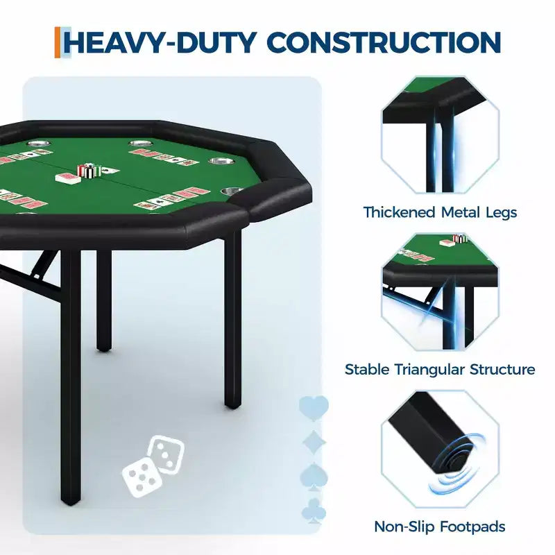 Table de poker octogonale pliable pour 8 joueurs avec rebords rembourrés et porte-gobelets en acier inoxydable pour les soirées de jeux en famille