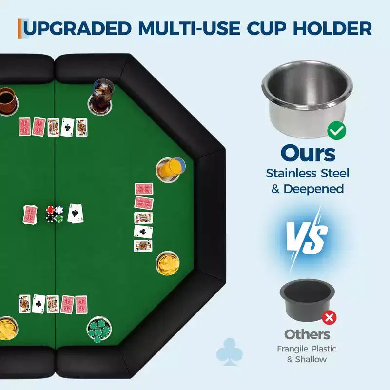 Table de poker octogonale pliable pour 8 joueurs avec rebords rembourrés et porte-gobelets en acier inoxydable pour les soirées de jeux en famille