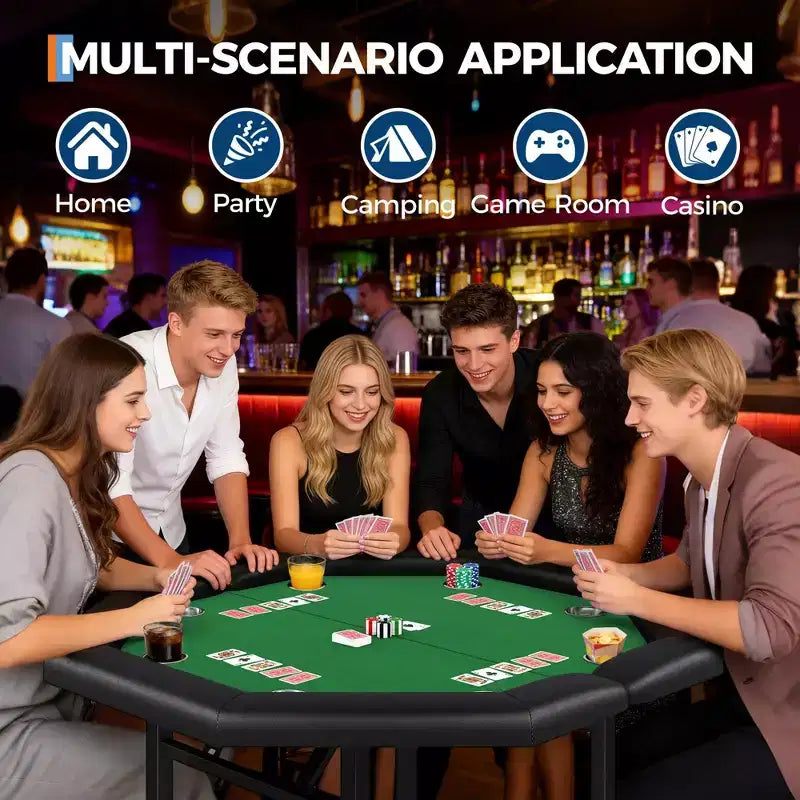Table de poker octogonale pliable pour 8 joueurs avec rebords rembourrés et porte-gobelets en acier inoxydable pour les soirées de jeux en famille
