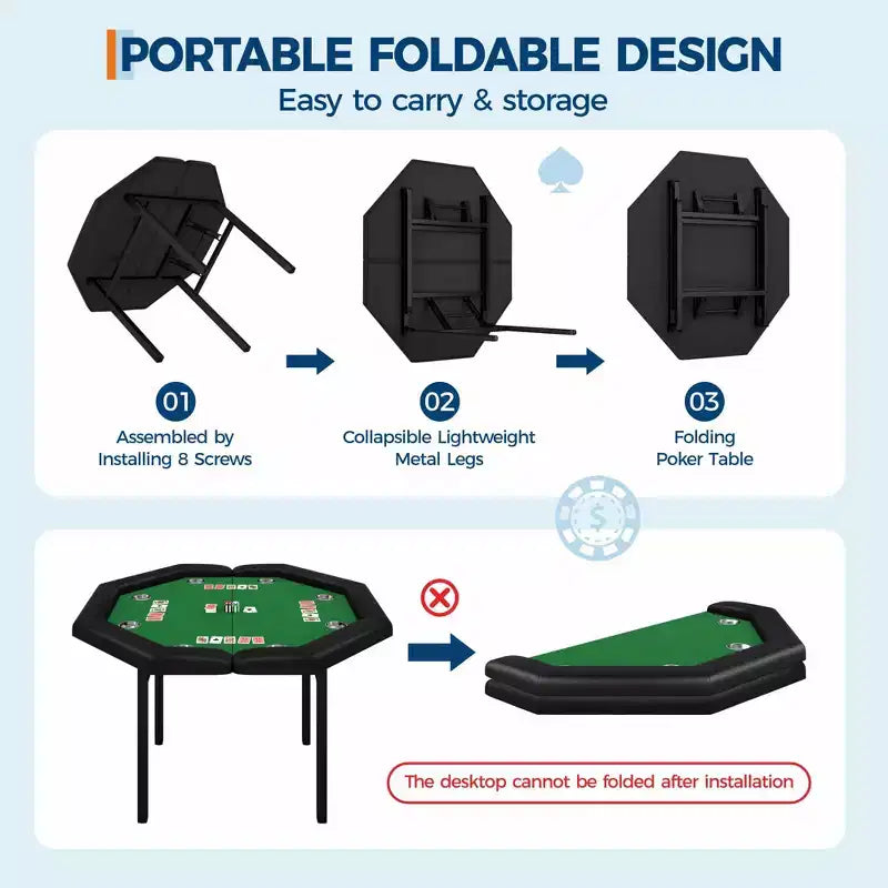 Table de poker octogonale pliable pour 8 joueurs avec rebords rembourrés et porte-gobelets en acier inoxydable pour les soirées de jeux en famille