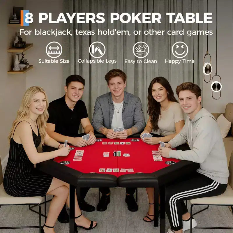 Table de poker octogonale pliable pour 8 joueurs avec rebords rembourrés et porte-gobelets en acier inoxydable pour les soirées de jeux en famille