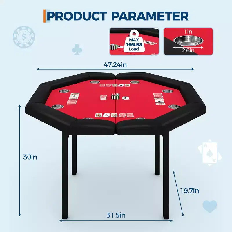 Table de poker octogonale pliable pour 8 joueurs avec rebords rembourrés et porte-gobelets en acier inoxydable pour les soirées de jeux en famille
