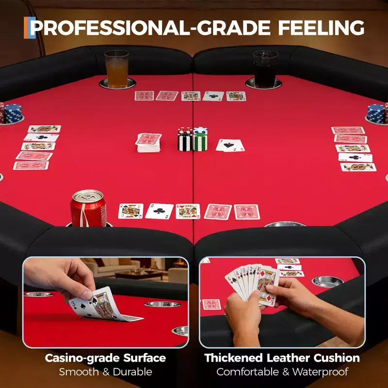 Table de poker octogonale pliable pour 8 joueurs avec rebords rembourrés et porte-gobelets en acier inoxydable pour les soirées de jeux en famille