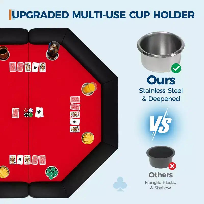 Table de poker octogonale pliable pour 8 joueurs avec rebords rembourrés et porte-gobelets en acier inoxydable pour les soirées de jeux en famille
