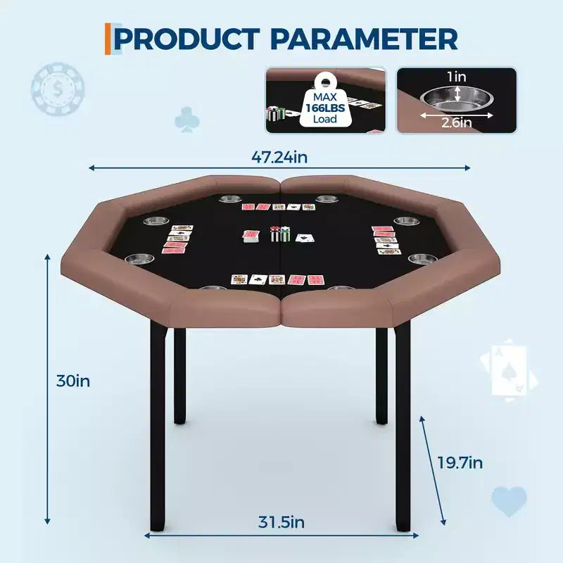 Table de poker octogonale pliable pour 8 joueurs avec rebords rembourrés et porte-gobelets en acier inoxydable pour les soirées de jeux en famille