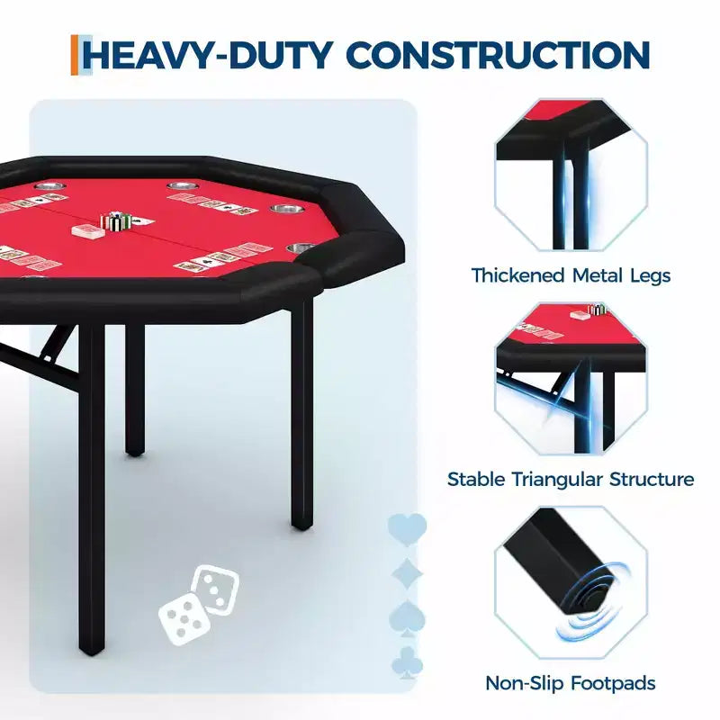 Table de poker octogonale pliable pour 8 joueurs avec rebords rembourrés et porte-gobelets en acier inoxydable pour les soirées de jeux en famille