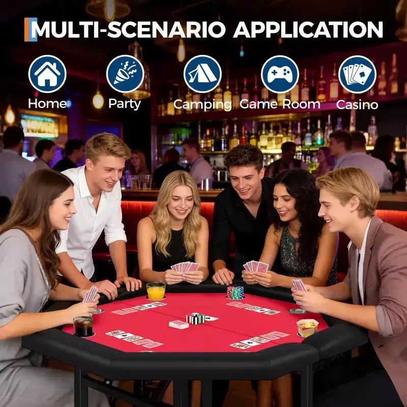 Table de poker octogonale pliable pour 8 joueurs avec rebords rembourrés et porte-gobelets en acier inoxydable pour les soirées de jeux en famille