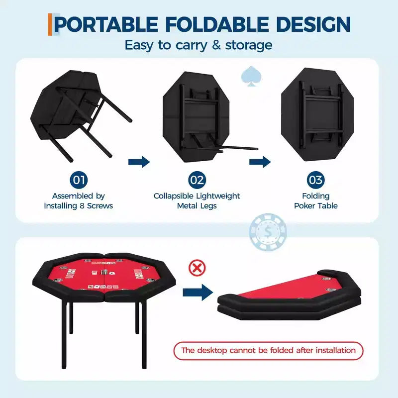 Table de poker octogonale pliable pour 8 joueurs avec rebords rembourrés et porte-gobelets en acier inoxydable pour les soirées de jeux en famille