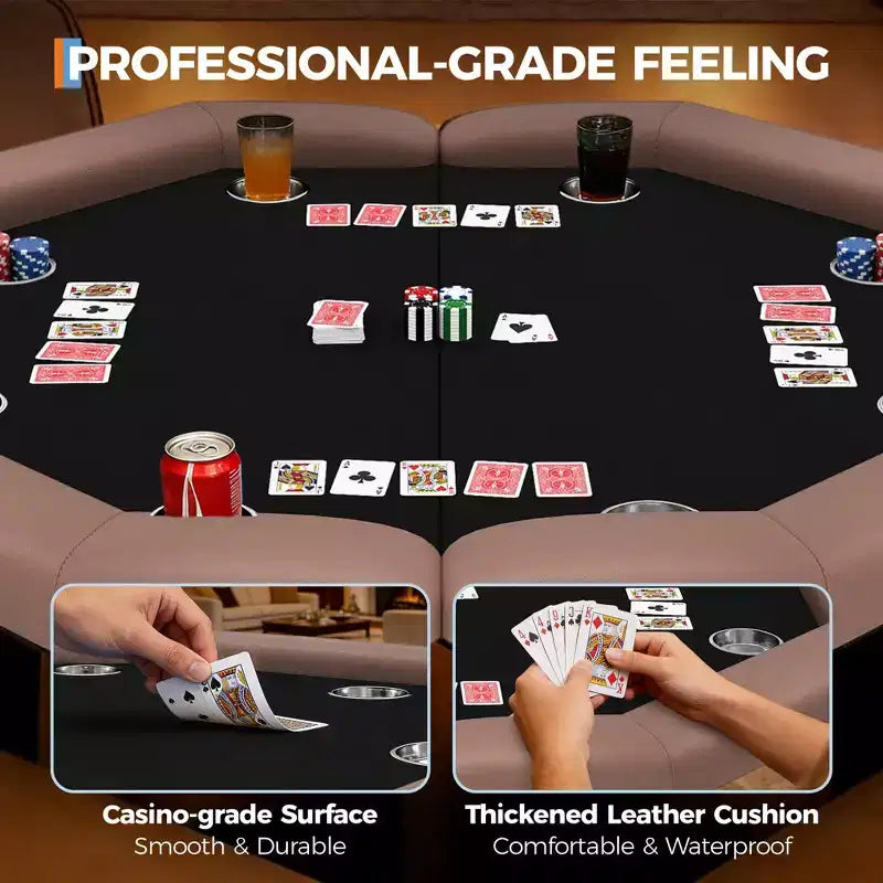 Table de poker octogonale pliable pour 8 joueurs avec rebords rembourrés et porte-gobelets en acier inoxydable pour les soirées de jeux en famille