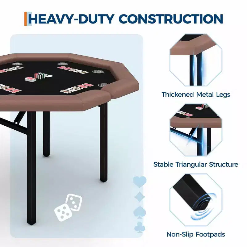 Table de poker octogonale pliable pour 8 joueurs avec rebords rembourrés et porte-gobelets en acier inoxydable pour les soirées de jeux en famille