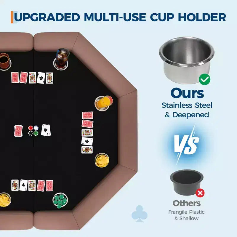 Table de poker octogonale pliable pour 8 joueurs avec rebords rembourrés et porte-gobelets en acier inoxydable pour les soirées de jeux en famille