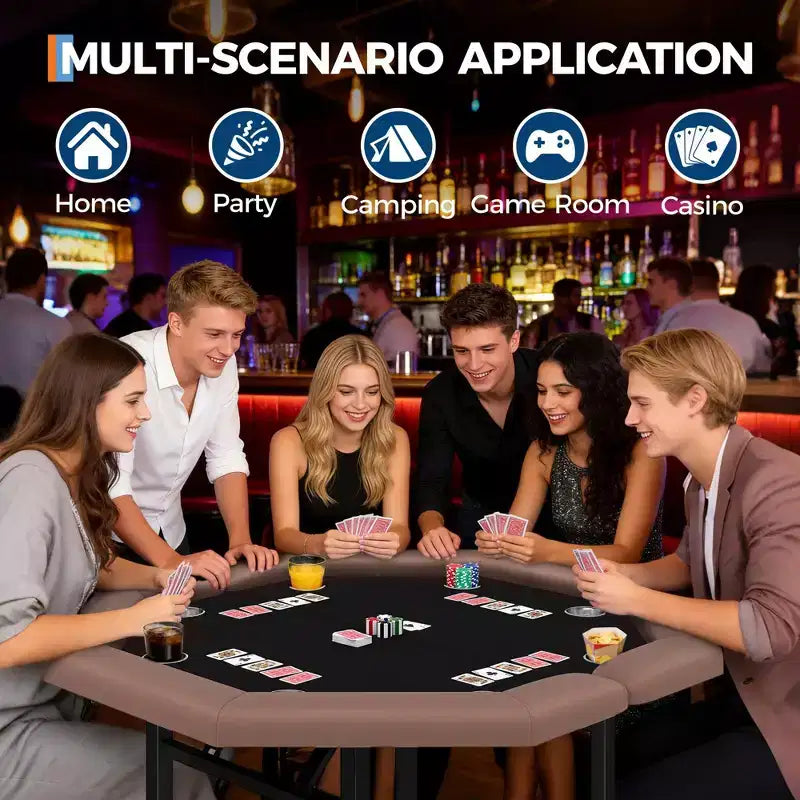Table de poker octogonale pliable pour 8 joueurs avec rebords rembourrés et porte-gobelets en acier inoxydable pour les soirées de jeux en famille