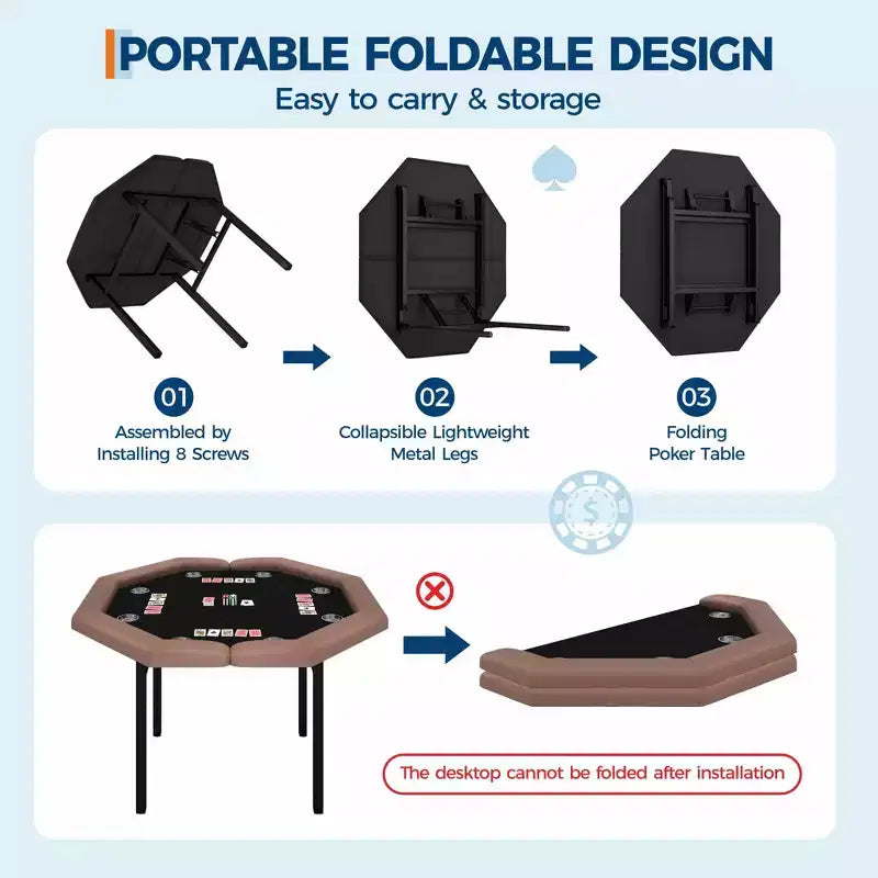 Table de poker octogonale pliable pour 8 joueurs avec rebords rembourrés et porte-gobelets en acier inoxydable pour les soirées de jeux en famille