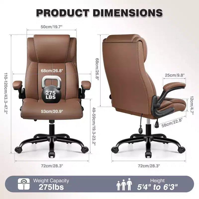 Chaise de bureau ergonomique KERDOM, fauteuil de bureau pour ordinateur, fauteuil de direction en cuir à dossier haut avec soutien lombaire réglable et accoudoirs relevables, basculante