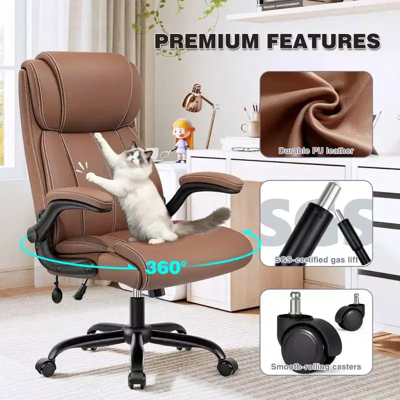 Chaise de bureau ergonomique KERDOM, fauteuil de bureau pour ordinateur, fauteuil de direction en cuir à dossier haut avec soutien lombaire réglable et accoudoirs relevables, basculante