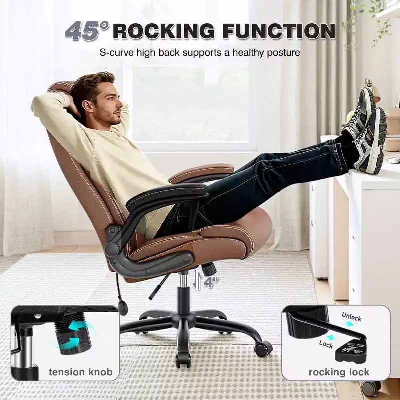 Chaise de bureau ergonomique KERDOM, fauteuil de bureau pour ordinateur, fauteuil de direction en cuir à dossier haut avec soutien lombaire réglable et accoudoirs relevables, basculante