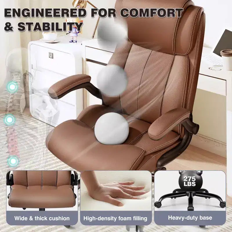 Chaise de bureau ergonomique KERDOM, fauteuil de bureau pour ordinateur, fauteuil de direction en cuir à dossier haut avec soutien lombaire réglable et accoudoirs relevables, basculante
