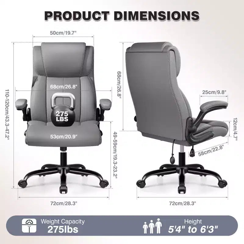 Chaise de bureau ergonomique KERDOM, fauteuil de bureau pour ordinateur, fauteuil de direction en cuir à dossier haut avec soutien lombaire réglable et accoudoirs relevables, basculante