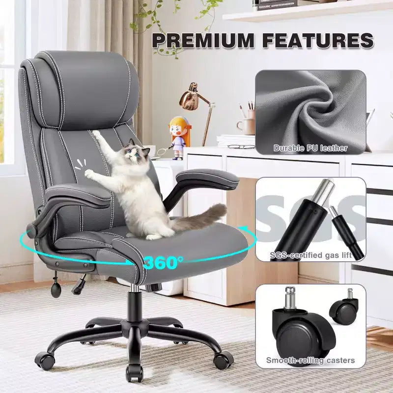 Chaise de bureau ergonomique KERDOM, fauteuil de bureau pour ordinateur, fauteuil de direction en cuir à dossier haut avec soutien lombaire réglable et accoudoirs relevables, basculante