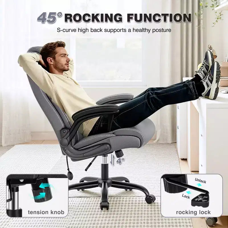 Chaise de bureau ergonomique KERDOM, fauteuil de bureau pour ordinateur, fauteuil de direction en cuir à dossier haut avec soutien lombaire réglable et accoudoirs relevables, basculante