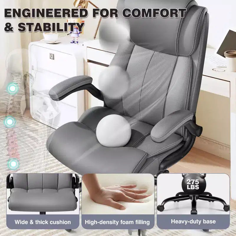 Chaise de bureau ergonomique KERDOM, fauteuil de bureau pour ordinateur, fauteuil de direction en cuir à dossier haut avec soutien lombaire réglable et accoudoirs relevables, basculante