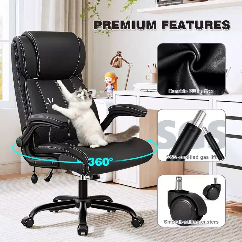 Chaise de bureau ergonomique KERDOM, fauteuil de bureau pour ordinateur, fauteuil de direction en cuir à dossier haut avec soutien lombaire réglable et accoudoirs relevables, basculante