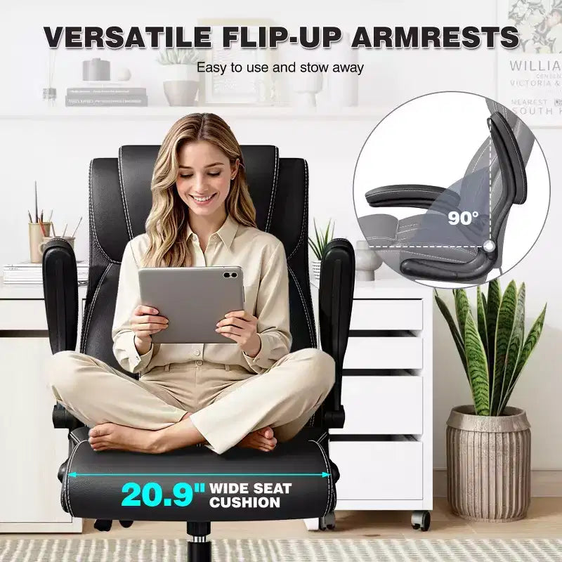 Chaise de bureau ergonomique KERDOM, fauteuil de bureau pour ordinateur, fauteuil de direction en cuir à dossier haut avec soutien lombaire réglable et accoudoirs relevables, basculante