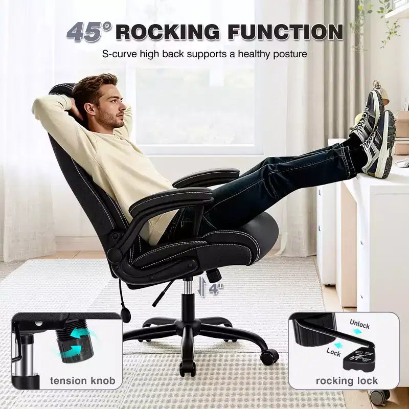 Chaise de bureau ergonomique KERDOM, fauteuil de bureau pour ordinateur, fauteuil de direction en cuir à dossier haut avec soutien lombaire réglable et accoudoirs relevables, basculante